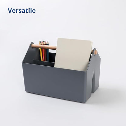 BLUE GINKGO Medium Storage Basket – Plastic Caddy with Wooden Handle for Office, Arts & Crafts, or Home Supplies (Gray)