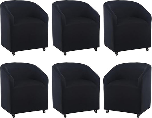 Modern Barrel Dining Chairs with Rolling Casters Set of 6, Upholstered Velvet Swivel Dining Room Chairs with Wheels for Kitchen Living Room Home Office, Black
