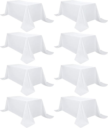 8 Pack White Tablecloth 90 x 132 Inch Rectangular Table Cloth for 8 Foot Rectangle Tables, Wrinkle Resistant Washable Polyester Fabric Covers for Wedding Party Banquet Buffet and Camping
