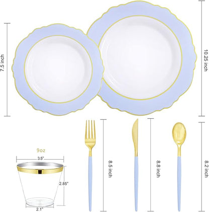 WDF 150pieces Baby Blue Plastic Plates with Gold Rim - Disposable Gold Plastic Silverware With Blue Handle-Baroque Light Blue&Gold Disposable Plates Dinnerware for Wedding/Party