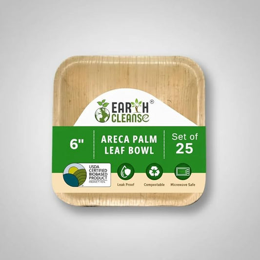 6 Inch Square Compostable Biryani Palm Leaf Extra Deep Bowls | Pack of 25 | Eco Friendly Disposable Areca Leaf Bowls | Biodegradable Heavy Duty for Rice Curry Parties Catering Events