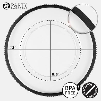 PARTY BARGAINS 13-Inch Charger Plates - 96 Pack, Clear Black Rim, Heavy-Duty Disposable Chargers for Elegant Dining - Ideal for Weddings and Formal Events