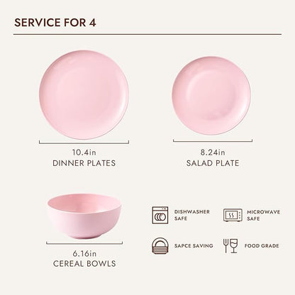KINGSTONE Bone China Dinnerware Sets, 12-Piece Dinnerware Sets for 4, Lightweight Durable, Dishwasher Safe, Tableware for Daily Use with Elegant Design, Pink