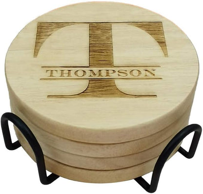 Personalized Monogram Coasters, Custom Engraved - Wooden Drink Coasters, Set of 4 - Great Gifts