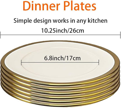 Dinner Plates, Set of 6, 10 inch,White Porcelain with Gold Trim，Appetizer Plates,Ceramic Round Dessert Serving Plates for Bread, Salad, Snack and Finger Food,Elegant Ceramic Dinner Plates