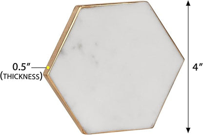 GoCraft Gold Edge Marble Coasters – Set of 6 Hexagon White Stone Coasters for Drinks – Stylish Drinkware Accessories for Wine Glasses, Coffee Mugs & Modern Coffee Table or Bar Decor