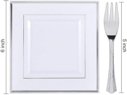WDF Silver Plastic Dessert Plates with Plastic Forks - 6” 100 Square Disposable Appetizer Plates Small Plates Cake Plates with Silver Rim &100 Small Appetizer Forks for Party Wedding Valentine's Day