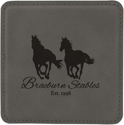 Custom Engraved Coasters | Personalized Leather Coaster | Set of 6 | Drink Coasters with Holder | Laser Engraved | Tabletop Protection | Gift for Couples (Square 4" x 4", Gray w/Black)