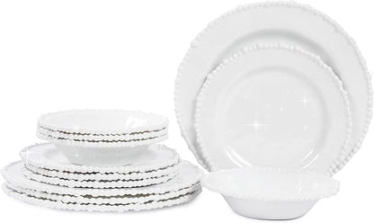 White Pearl Melamine Dinnerware Set, 12-Piece Plastic Dinner Dishes Set, Service for 4 Unbreakable Kitchen Plates and Bowls Set