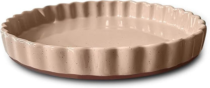 MORA Ceramic Tart Pan, 9.5 Inch Large Porcelain Baking Dish for Tarts, Quiche, Pie, Flan etc. Fluted Ruffled Edge, Oven, Microwave, Freezer, and Dishwasher safe - Great Gift For Bakers - Chai