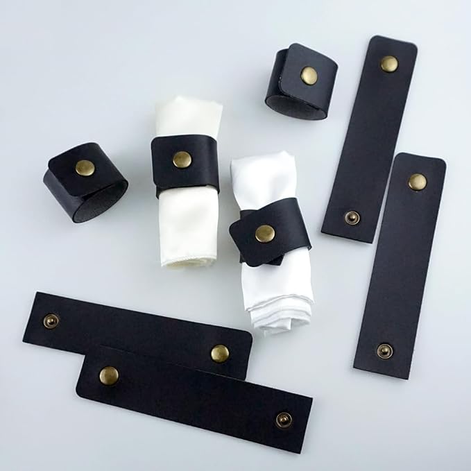 Saktopdeco Black Faux Leather Farmhouse Napkin Rings Set of 8 - Image 3