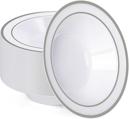 BESTVIP 50 Pack Plastic Bowls with Silver Rim, 12 oz Disposable Soup Bowls, Heavy-duty Dessert Salad Bowl for Party, Wedding, Christmas, Catering and Dinner