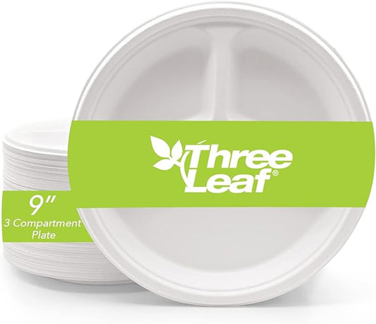 three leaf 9" 3 COMPARTMENT BAGASSE ROUND PLATE, 50 Ct. Heavy-Duty- Super Strong- Natural- Eco-Friendly Disposable Bagasse Plates, 100% Biodegradable 9 inch 3 compartment plates