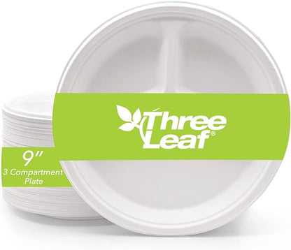 three leaf 9" 3 COMPARTMENT BAGASSE ROUND PLATE, 500 Ct. Heavy-Duty- Super Strong- Natural- Eco-Friendly Disposable Bagasse Plates, 100% Biodegradable 9 inch 3 compartment plates