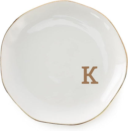Initials Ring Dish Jewery Tray with personalized K-Monogrammed Gifts Wedding Engagement for Women Friends sister,Ceramic White