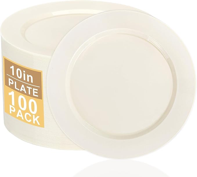 I00000 100 Pcs Ivory Plastic Plates,10inch Cream Dinner Plate, Elegant Disposable Plates Perfect for Birthday, Party,Wedding, Baby & Bridal Shower (100 Guests)