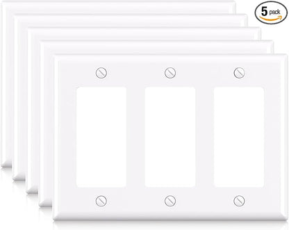 ELEGRP 3-Gang Decorative Wall Plates, Standard Size 4.53" H x 6.39" L Unbreakable Thermoplastic Faceplate Cover for Decorator Receptacle Outlet Switch, UL Listed (5 Pack, Glossy White)