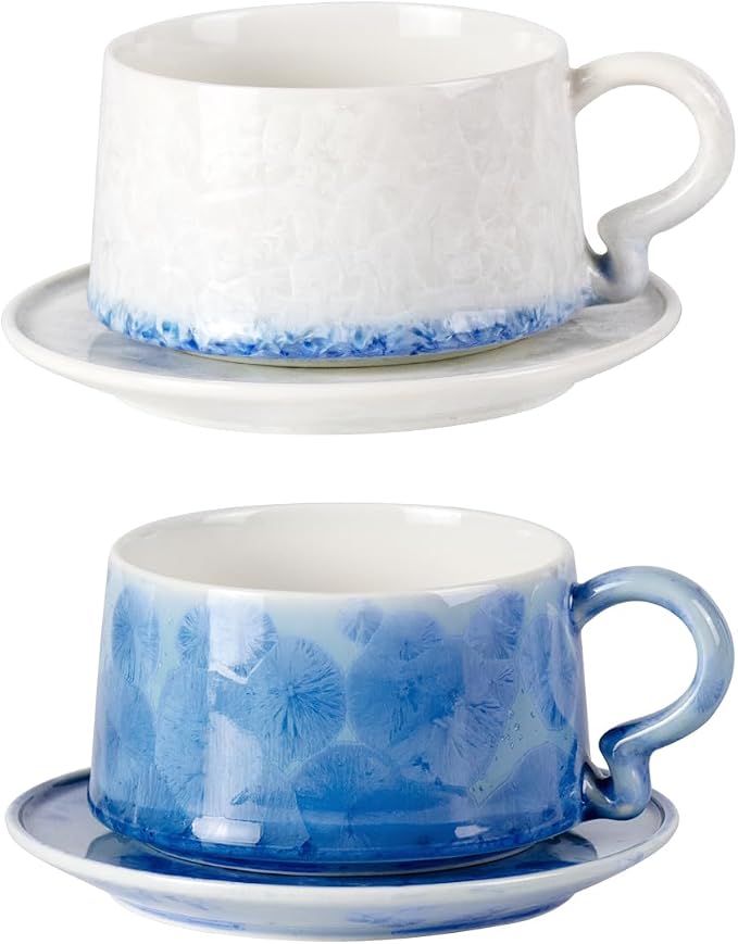 KAMMAK Tea Cups and Saucers Set of 2, 7.5 oz Glaze Coffee Mugs, 724N | by KAMMAK