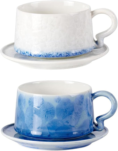 KAMMAK Tea Cups and Saucers Set of 2, 7.5 oz Glaze Coffee Mugs, 724N | by KAMMAK