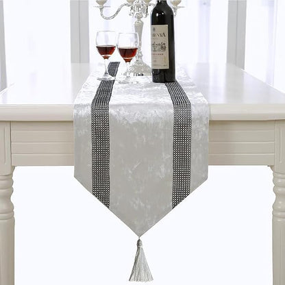 Elegant Sequin Rhinestone Creamy White Table Runner, Ombre Velvet, Double-Layer - Image 5