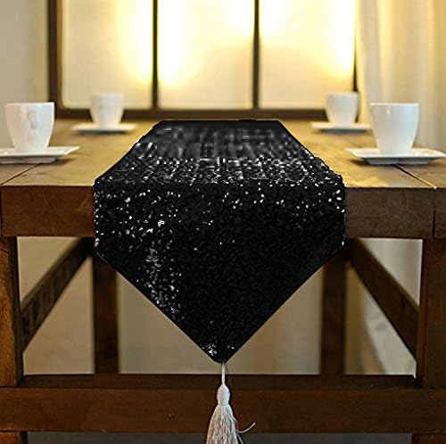 ShinyBeauty Table Runner 48 Inches Long Sequin Black Table Runner Small Sparkle by ShinyBeauty