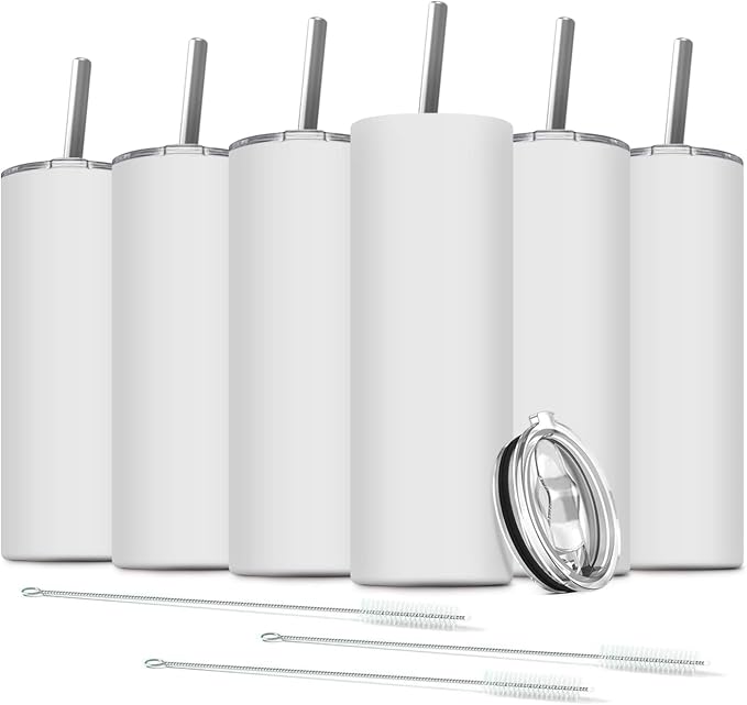 6 Pack Stainless Steel Skinny Tumbler, 20 OZ Double-Insulated Water Tumbler Cup by Deitybless