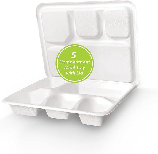 three leaf 5 COMPARTMENT MEAL TRAY WITH LID SET, 125 SETS. Heavy-Duty- Super Strong- Natural- Eco-Friendly Disposable Bagasse Tray with Lid, 100% Biodegradable Plates