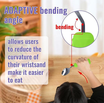 Adaptive Utensils Angled Spoon and Fork for Hand Tremors Parkinsons,Weighted Utensils with Non-Slip Easy Grip Handles for Independent Eating (1pcs Spoon+1pcs Fork=2 pcs,Green,Right Hand)