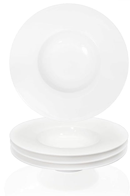 Ceramic Wide Rimmed Soup Plate, Soup Bowl 14 oz, Pasta Bowl Set of 4, White Shallow Bowl Plate with Rim, Best choice for high-end restaurants, hotels, and foodies, 12 Inch