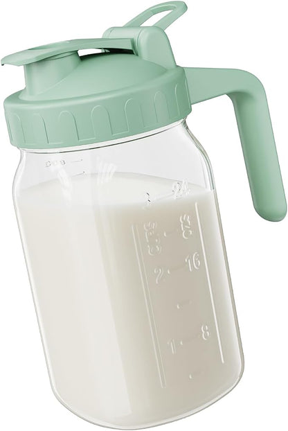 Breast Milk Pitcher, 32 oz Wide Mouth Glass Mason Jar | Dual Leak-Proof Lid by Junvpic