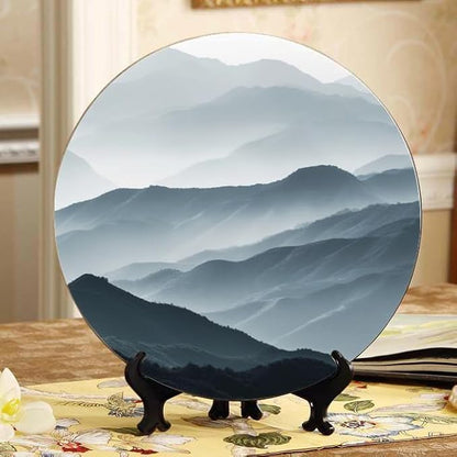 Decorative Ceramic Plates 10'' with Display Stand Monochrome Landscape Mountains Wall Hanging Art Great for Housewarming Gifts DP-171442786
