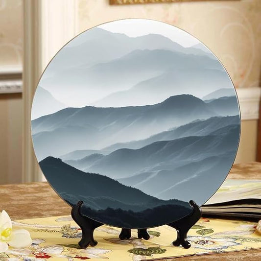 Decorative Ceramic Plates 10'' with Display Stand Monochrome Landscape Mountains Wall Hanging Art Great for Housewarming Gifts DP-171442786