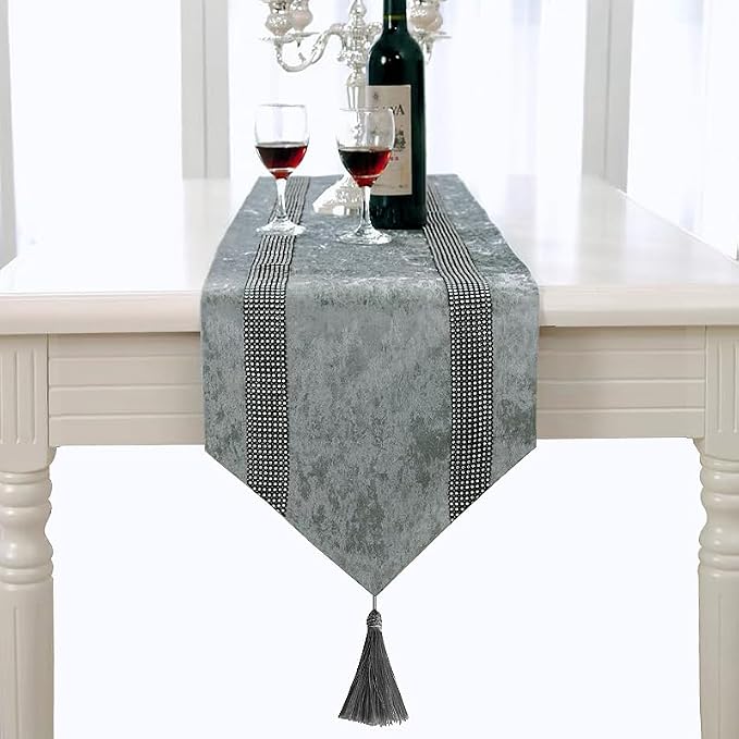 Elegant Grey Table Runner, Ombre Velvet, Dual Bling Diamante Stripes, Modern - Image 4
