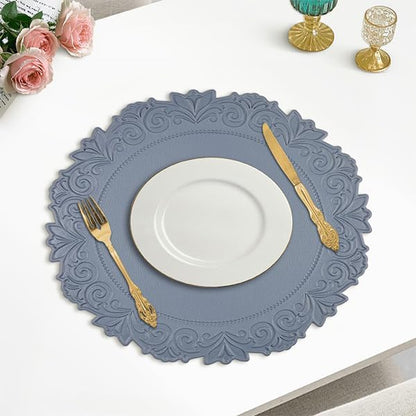 Noctiflorous Round Faux Leather 15 Inch Placemats Set of 4 Waterproof Wipeable Heat Resistant Tablemat for Dining Table Kitchen Non Slip Washable Oilproof Table Place Mat for Indoor Outdoor(Blue, 4)