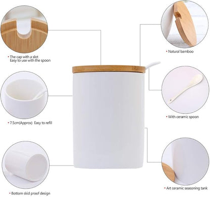 Lucky Goddness Ceramic Sugar Bowls with Bamboo Lids and Spoons-June Sky Muti-Functional Round Condiment Jar for Home- Spice Storage Canister,10.8 oz 320 ML,3 Pcs Set