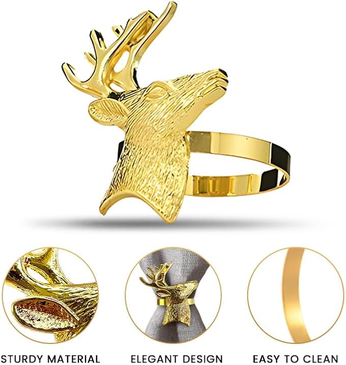 Decozen Set of 12 Gold Napkin Rings in Stag Design, Festive, Table Decor Setting for Holiday, Wedding, Birthday, Kitchen, Home Decor, Housewarming Gift - Thanksgiving & Christmas Gift Decoration