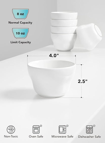 LE TAUCI Bouillon Cups 8 Ounce, Ice Cream Bowls, Small Bowls for Dessert Soup Chili Dipping Sauce Coffee Cupping - Set of 6, White