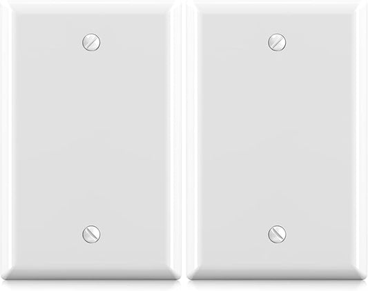 ELEGRP 1-Gang Blank Device Wall Plates, Mid-Size 4.88" H x 3.13" L Unbreakable Thermoplastic Blank Faceplate Cover for Unused Outlets/Switches, UL Listed (2 Pack, Glossy White)