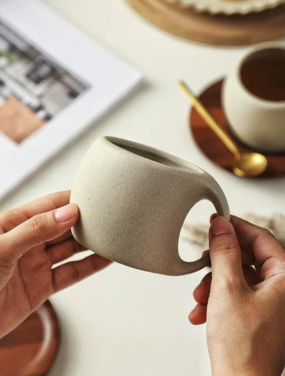 6 oz Clay Cup and Wood Saucer Set of 1, Ceramic Coffee Latte Art Mug - Image 4