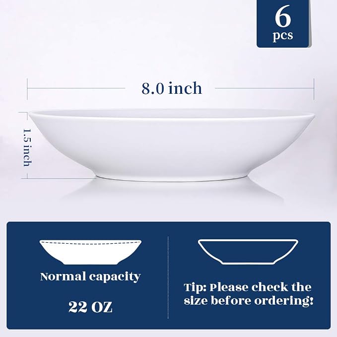 Y YHY 8" Pasta Bowls Set for 6, Porcelain 22oz Salad Bowls Set for Serving Soup - Image 4
