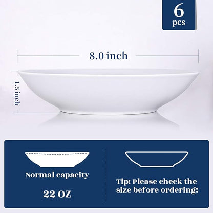 Y YHY 8" Pasta Bowls Set for 6, Porcelain 22oz Salad Bowls Set for Serving Soup - Image 4