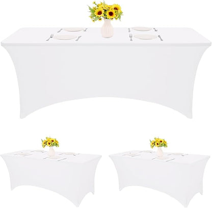 HAISIWLKJ 3 Pack Table Cloth 6ft White Tablecloths for Rectangle Folding Table Spandex Fitted Stretch Cover Wrinkle Resistant Washable for Party, Wedding, Banquet, Festival