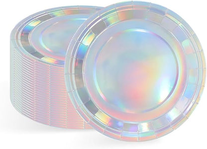 Iridescent Party Supplies, Holographic Paper Plates and Napkins Set, Rainbow Disposable Paper Plates Cups Knives Spoons Fork Straw for Birthday Wedding Party Serve 25 (Iridescent)