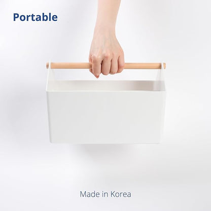 BLUE GINKGO Medium Storage Basket – Plastic Caddy with Wooden Handle for Office, Arts & Crafts, or Home Supplies (White)