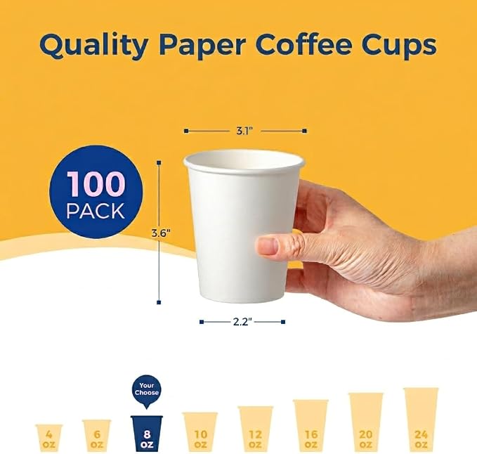 Fit Meal Prep 200 Pack 8 oz Disposable Paper Coffee Cups, Premium White Hot Cups - Image 2