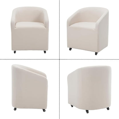 Modern Barrel Dining Chairs with Rolling Casters Set of 4, Upholstered Linen Swivel Dining Room Chairs with Wheels for Kitchen Living Room Home Office, Beige