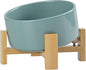SPUNKYJUNKY 15° Slanted Ceramic Dog and Cat Bowl with Wooden Stand, Tilted Bulldog Food and Water Bowl No Slip Non-Spill for Cats Medium Dogs Big Face Pets 28.7 OZ (3.6 Cups, Light Green)