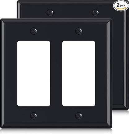 ELEGRP 2-Gang Decorative Wall Plates, Standard Size 4.53" H x 4.57" L Unbreakable Thermoplastic Faceplate Cover for Decorator Receptacle Outlet Switch, UL Listed (2 Pack, Glossy Black)