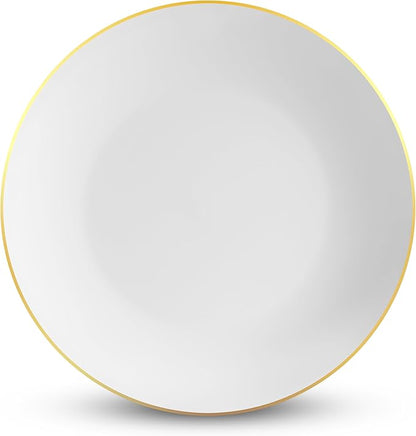 Munfix 100 Gold Plastic Plates Set, 10.25 Inch Disposable Dinner Plates, Elegant Fancy Heavy Duty for Party, Wedding, White with Gold Rim