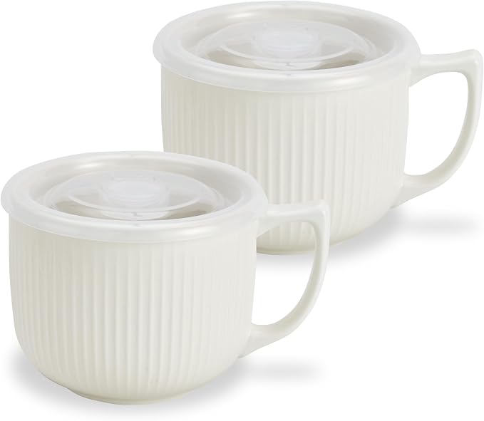 Ceramic Soup Bowl with Handle & Lid, 32oz Microwave Ramen Bowl Set of 2 | White by Hoilse
